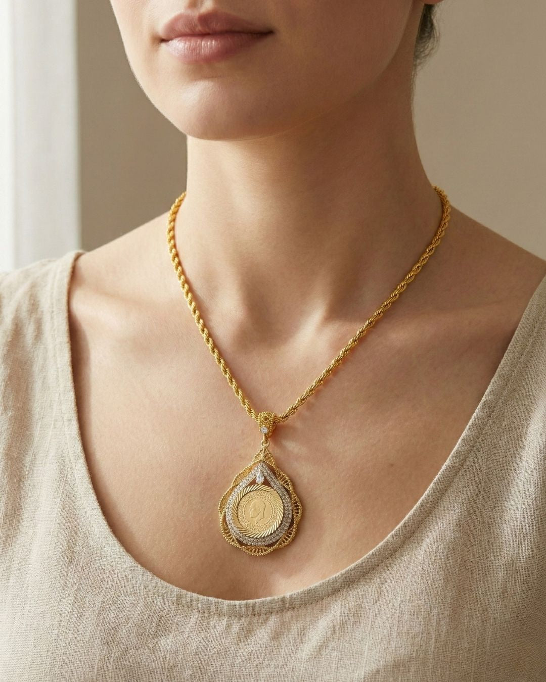 Tropfen mit Ceyrek Halskette 22k Vergoldet