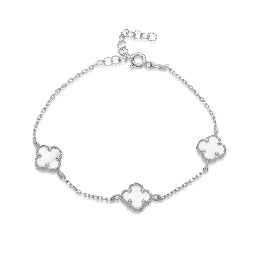 Dreifaches weißes Kleeblatt-Armband / 925 SILBER